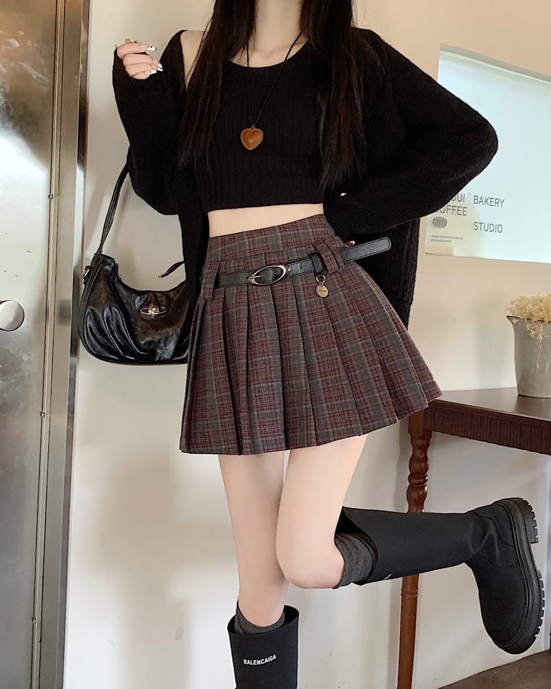 實拍 格子a字百褶裙小個子秋冬半身裙女復古學院風高腰顯瘦裙