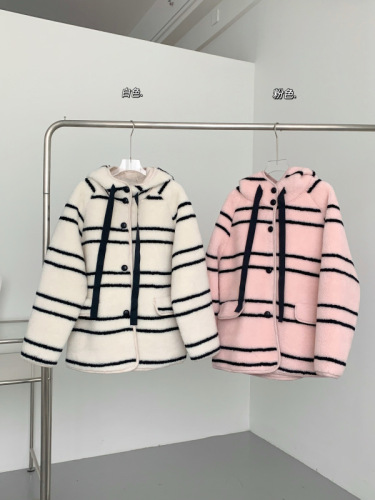Winter new hooded imitation fur striped lamb fur all-in-one mid-length loose thick coat for women