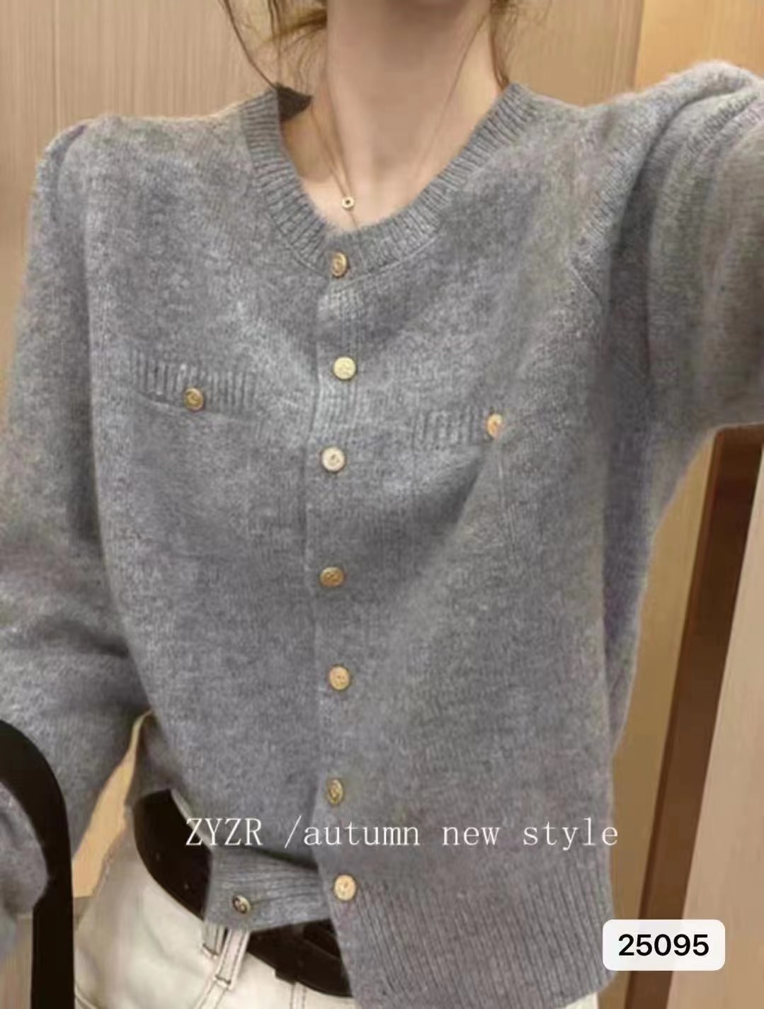 秋冬新款韓版小香風款圓領針織假口袋百搭開衫上衣女