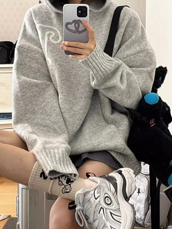 美式慵懶風連帽衛衣女秋季寬鬆百搭毛衣小眾設計感印花針織衫外套