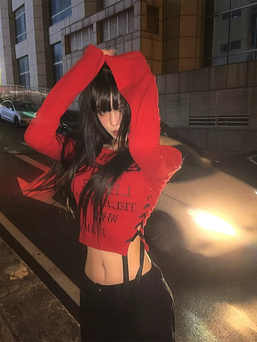 DAMIERS 美式y2k辣妹斜肩綁帶長袖上衣女紅色純欲性感露肩短款t恤
