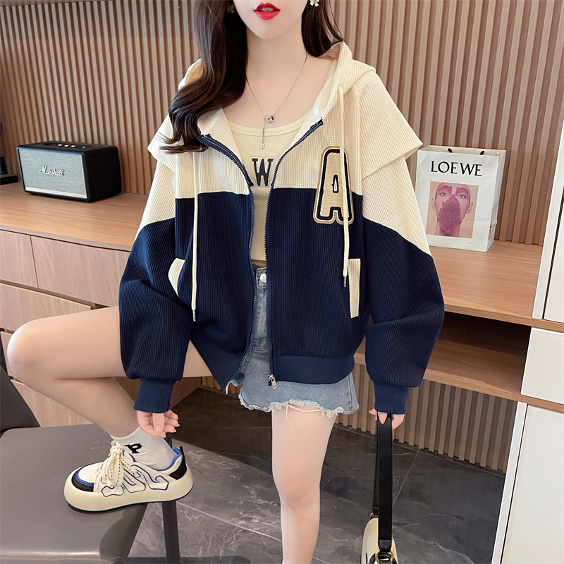 實拍 寬鬆連帽棒球服外套女秋冬設計感小眾撞色拼接字母刺繡開衫