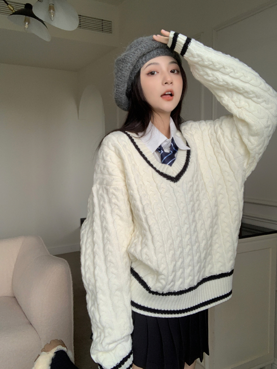 實拍  毛衣女秋冬新款麻花針織衫慵懶風韓版寬鬆v領長袖上衣