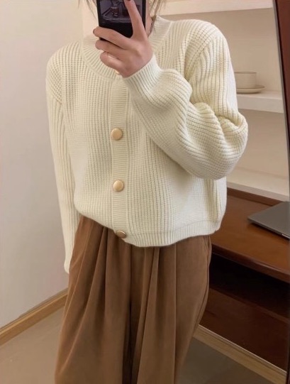 單排扣圓領糖果色羊毛針織開衫女秋冬2023年新款寬鬆百搭毛衣外套