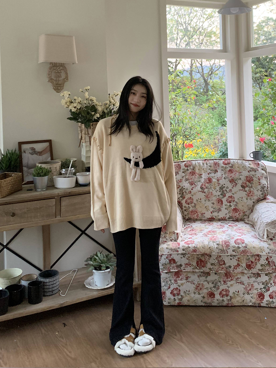 橘子樹在哪兒甜美可愛小兔子裝飾毛衣女2023春設計感寬鬆針織上衣