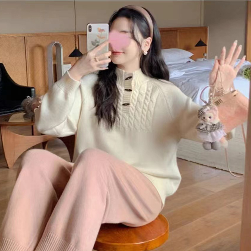 韓版牛角扣豎條紋半開領套頭毛衣女秋冬新款寬鬆慵懶風軟糯針織衫