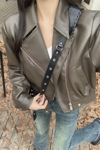 European short PU leather jacket for women, high quality spring new street lapel motorcycle leather jacket for small people