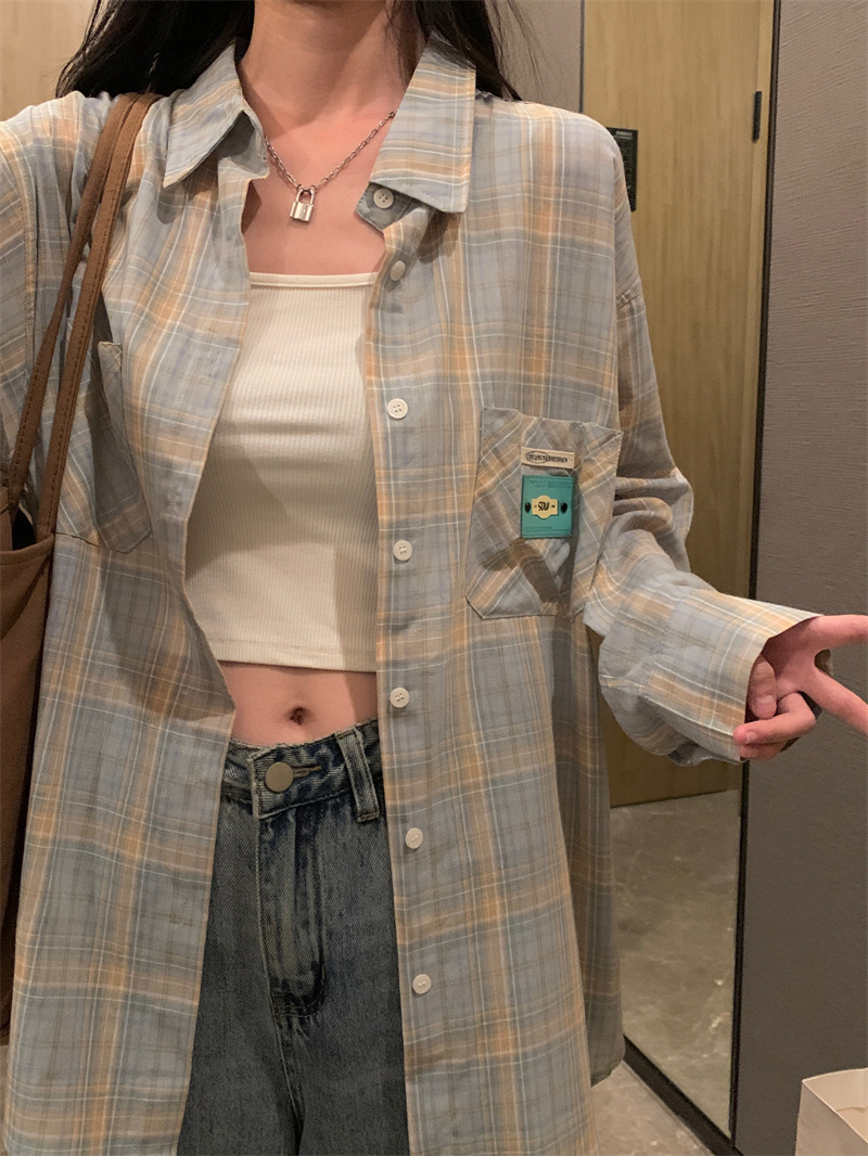 2023年新款薄款格子襯衫外套女裝初秋季設計感小眾長袖上衣防曬衫