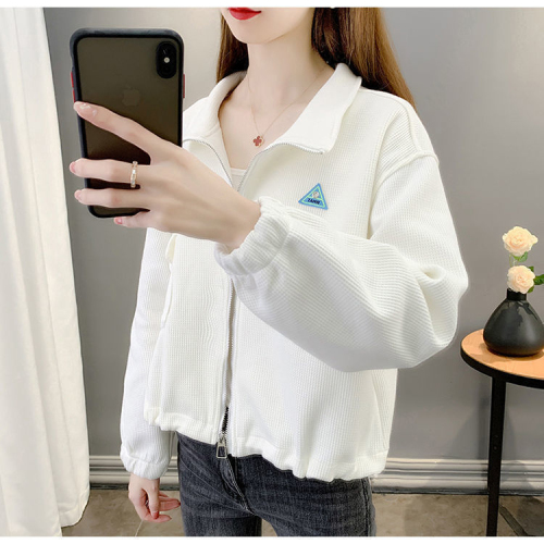 Autumn and winter coat women's polo collar casual loose zipper sweatshirt waffle