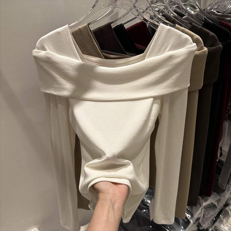 歐冪性感彈力打底衫女設計感小眾秋內搭修身長袖t恤一字肩上衣潮