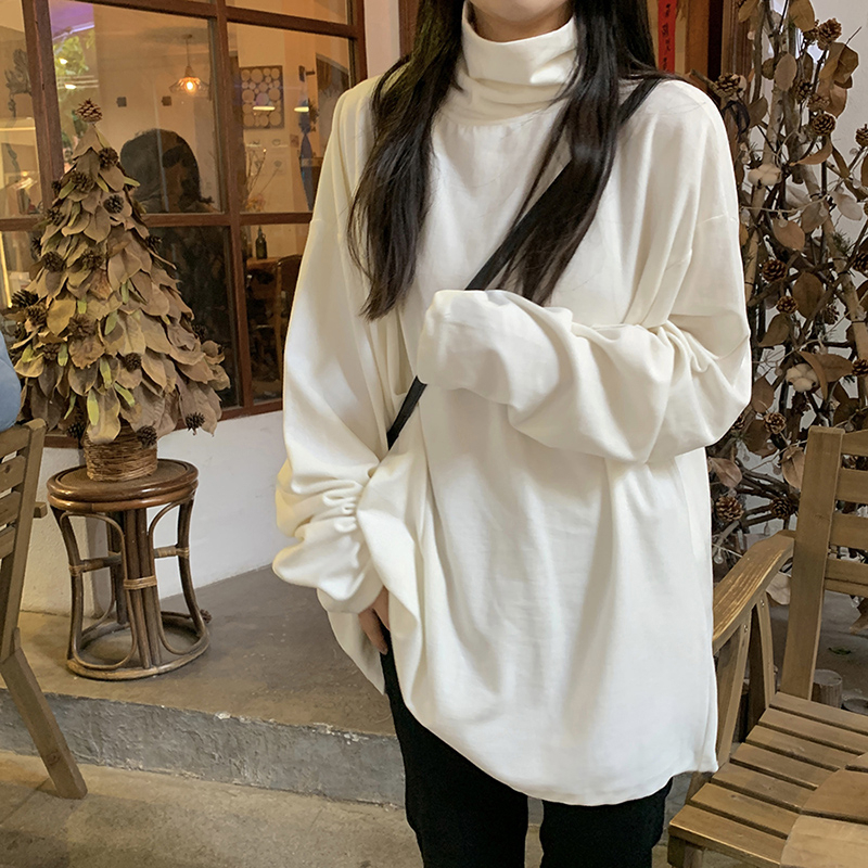 德絨堆堆領軟糯打底衫女寬鬆秋冬季內搭長袖高領t恤加絨加厚上衣