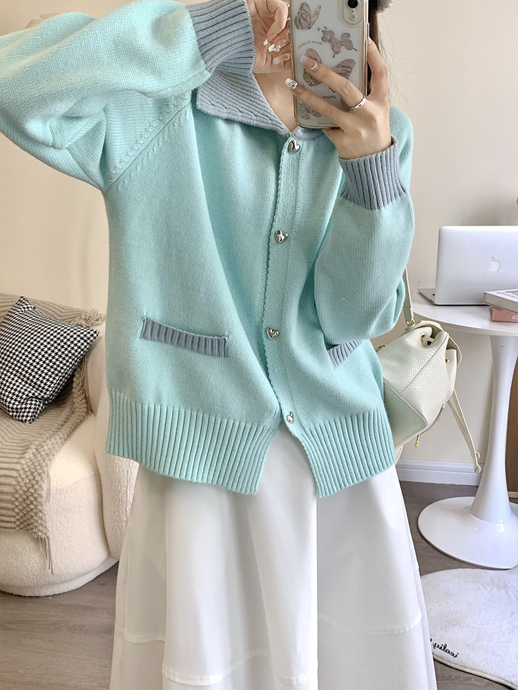 Rongirl 撞色翻領針織開衫女2023秋復古寬鬆溫柔軟糯毛衣長袖上衣