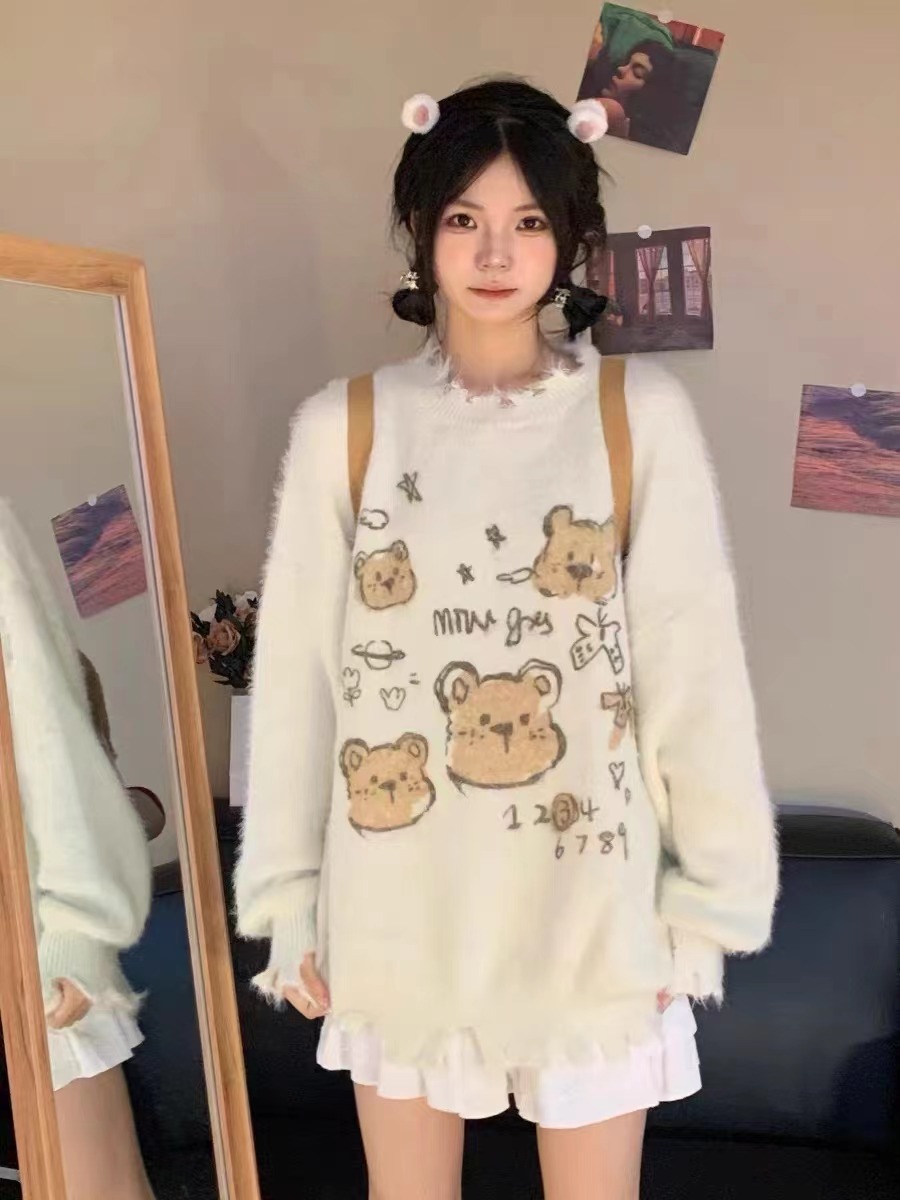 秋冬韓系新款慵懶風可愛卡通套頭長袖毛衣軟糯寬鬆針織上衣