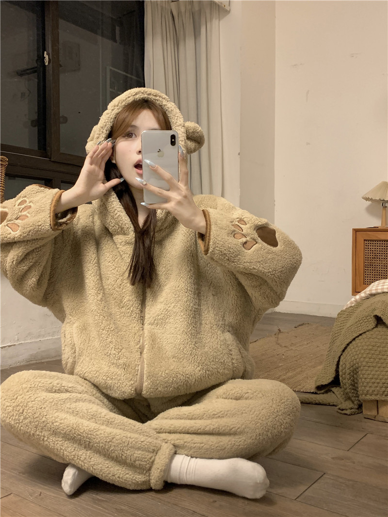 實拍韓版冬日保暖加厚珊瑚絨毛毛可愛熊耳朵寬鬆外穿連帽睡衣