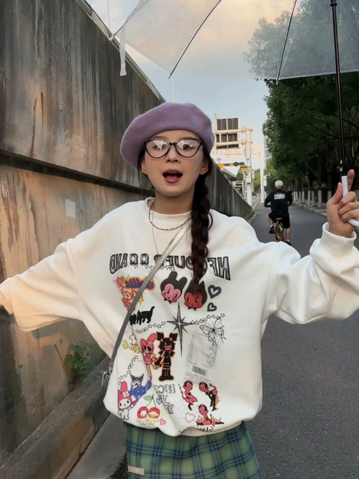 美式復古圓領衛衣女秋季卡通動漫印花寬鬆休閒慵懶風顯瘦百搭上衣