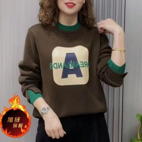 高檔加絨加厚打底衫女春秋新款圓領保暖衛衣絨衫大碼遮肚厚款上衣