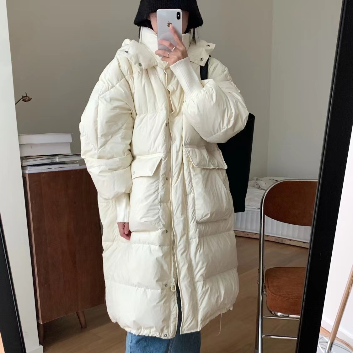 2023冬季新款羽絨服中長款連帽韓版大口袋寬鬆加厚棉服外套