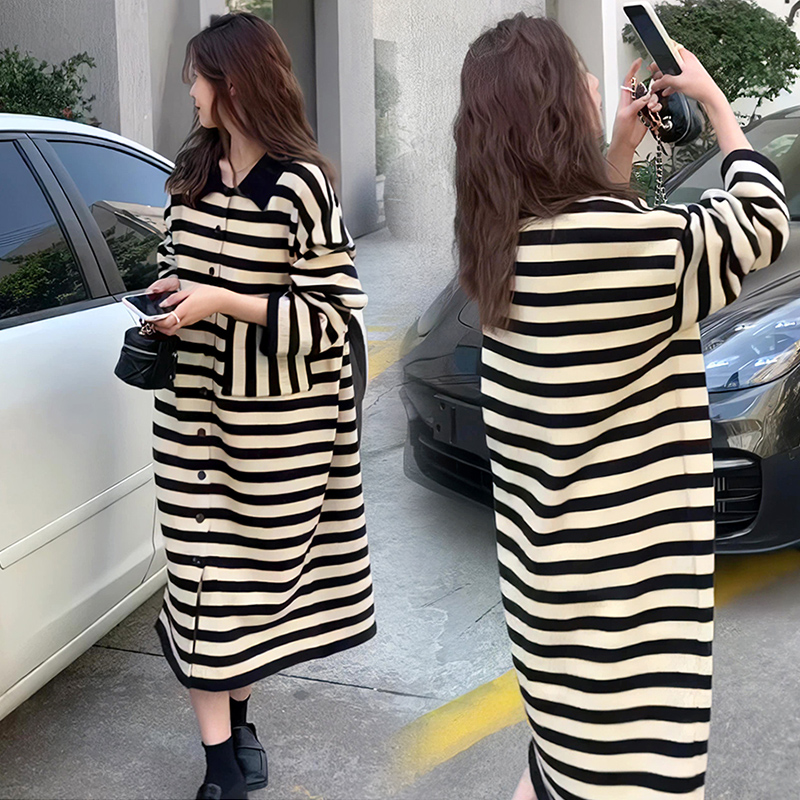 秋冬裝大碼女裝polo領時尚寬鬆條紋針織中長款連衣裙L-4XL200斤