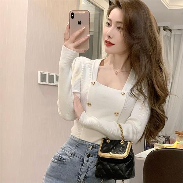 軟糯風甜美紅色毛衣設計感小眾女秋方領針織衫內搭上衣白色打底衫
