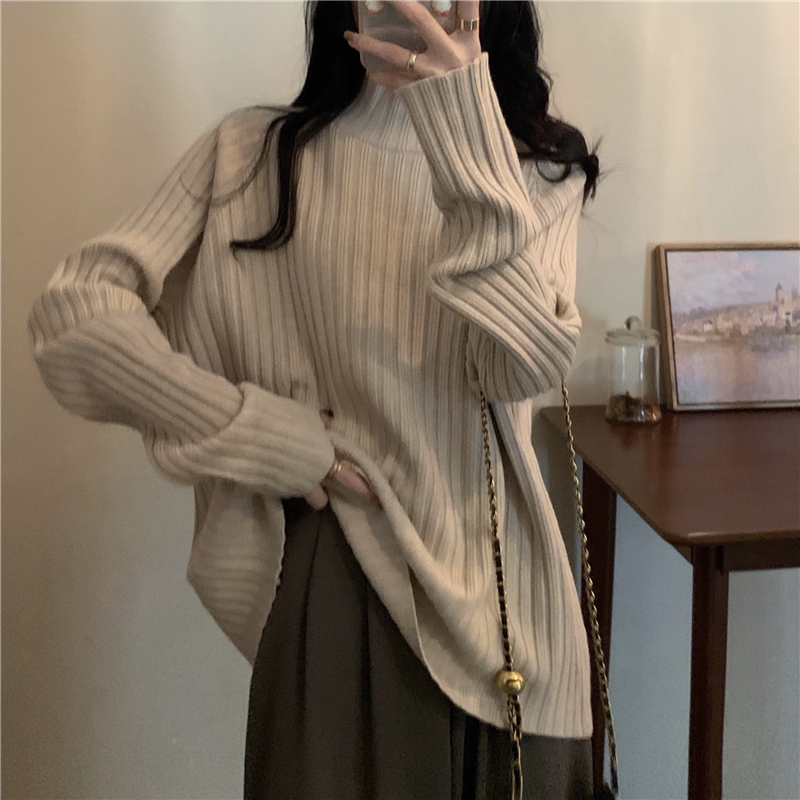 實拍 新款慵懶寬鬆加厚套頭半高領毛衣