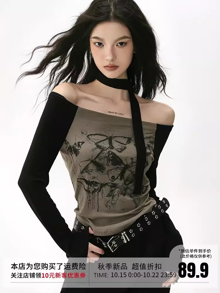 美式蝴蝶印花一字肩長袖T恤女設計感小眾修身顯瘦露臍短上衣