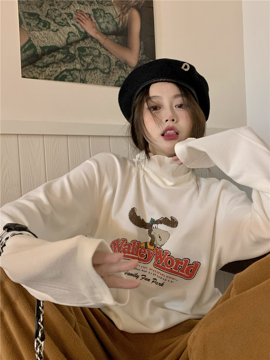 實拍！卡通印花加厚磨毛保暖純色高領內搭長袖T恤女
