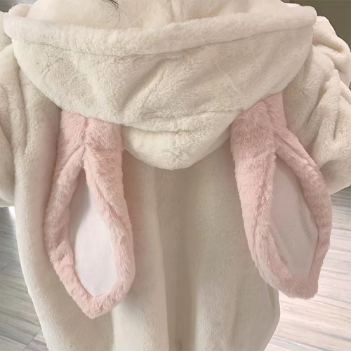  Winter Rabbit Ears Plush Fur Top Cute Thickened Hooded Furry Coat for Women