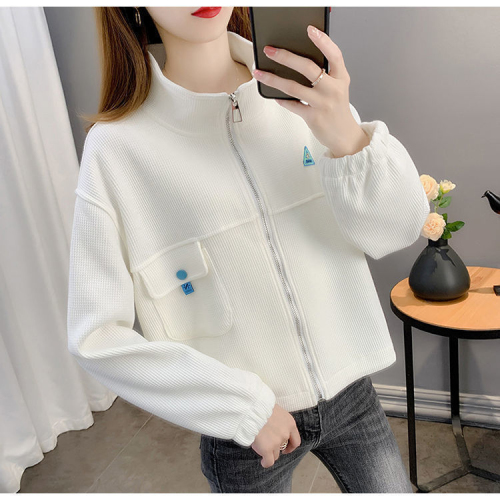 Autumn and winter coat women's polo collar casual loose zipper sweatshirt waffle