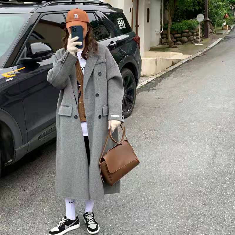 韓國東大門雙面呢大衣女中長款新款寬鬆過膝羊毛呢外套反季