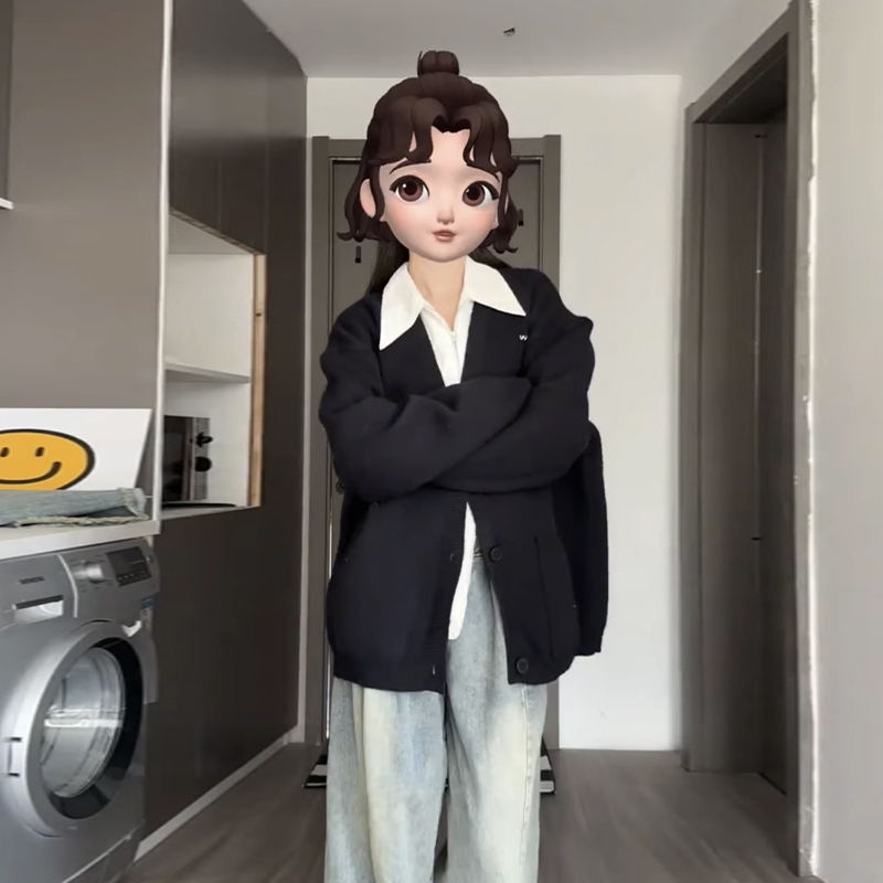 韓系穿搭慵懶風軟糯黑色毛衣外套女秋冬2023新款寬鬆針織開衫上衣