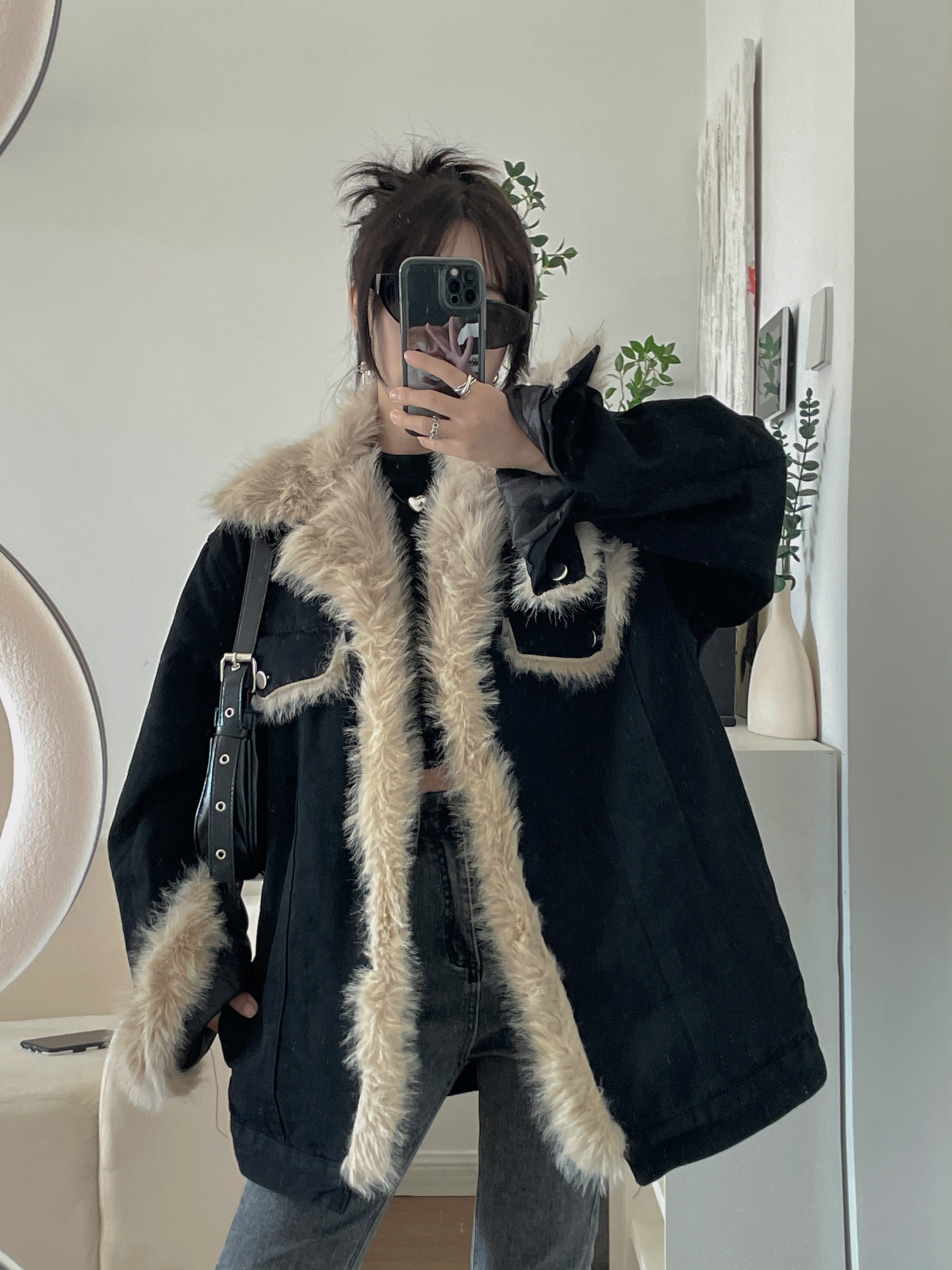 實拍 韓系夾棉加厚黑色牛仔外套女冬季復古寬鬆拼接棉衣保暖棉服