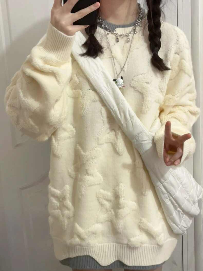 Japanese lazy style retro design niche jacket breast wear fake two-piece star jacquard sweater for women in autumn and winter