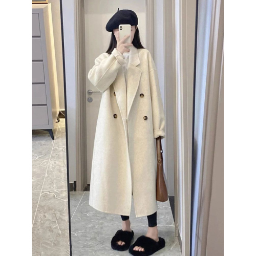  Autumn and Winter New Hepburn Style Woolen Coat Women's Mid-Length Korean Style Loose High-Quality Woolen Coat