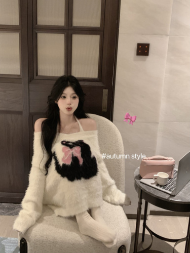 Real shot ~ Lazy style mink-like cute cat V-neck loose sweater