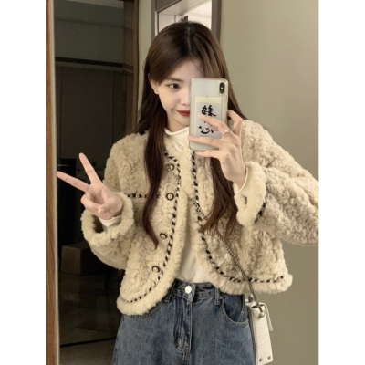 小香風羊羔絨毛毛外套女冬季加絨寬鬆百搭高級感氣質名媛短款上衣