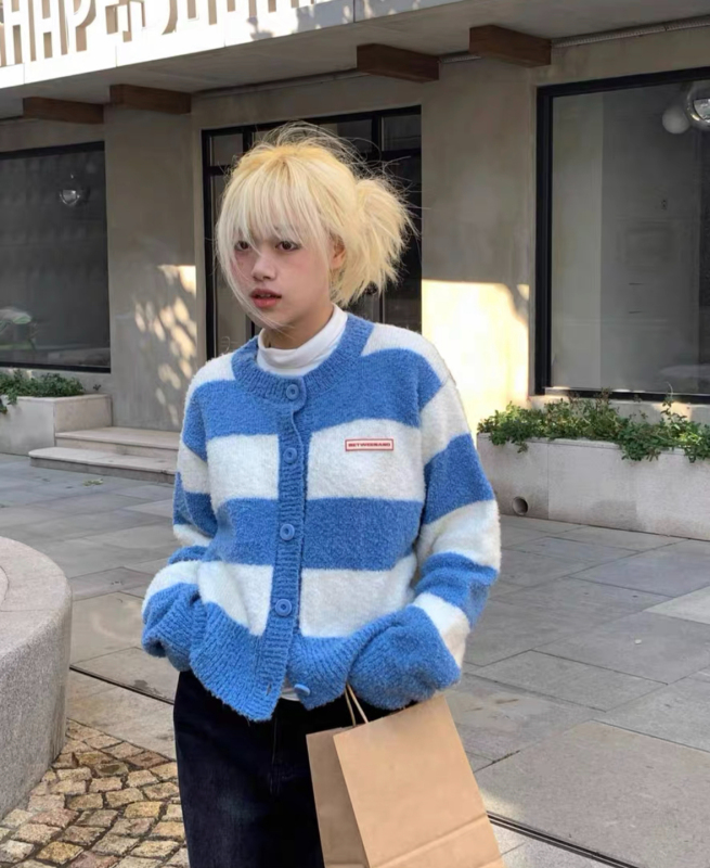 美拉德純欲撞色寬條紋毛衣秋冬加厚保暖韓版氣質開衫外套