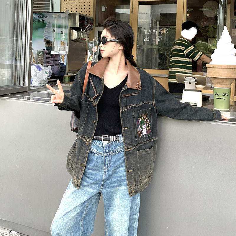 Real shot!  Spring and Autumn New Childlike Embroidered Brushed Denim Jacket Korean Style Loose Retro Jacket Top Fashion