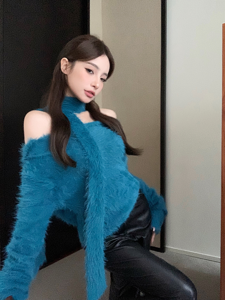 實拍挪威的秋日仿貂毛純欲連帽盪領喇叭袖毛衣女秋冬