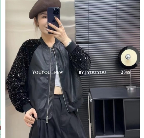 2023 new autumn Korean style fashionable leather jacket short jacket sequined long-sleeved motorcycle jacket baseball uniform