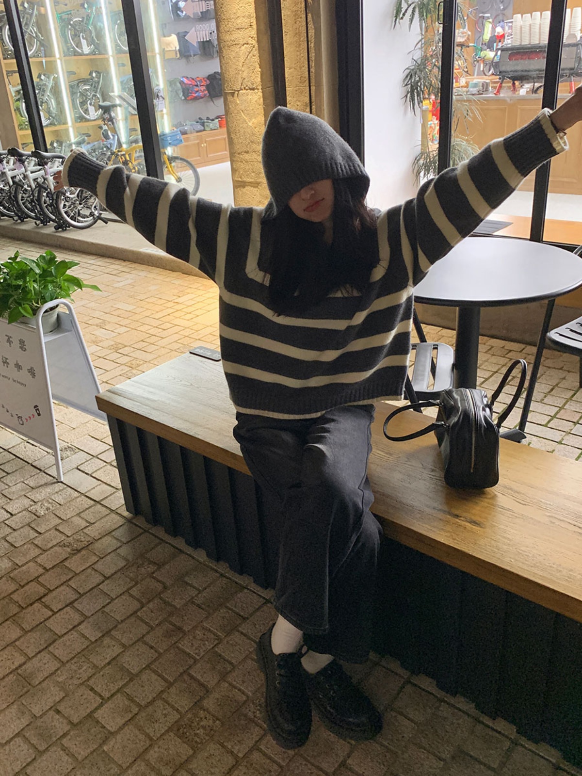 三木社寬鬆韓系連帽條紋羊毛針織衫套頭毛衣女秋冬內搭線衣學院風