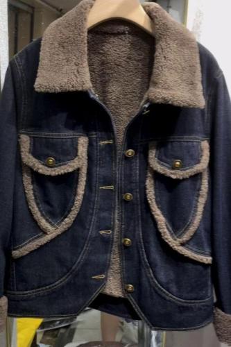 Lamb Fleece Warm Denim Jacket for Women Autumn/Winter  Fashion Casual Fleece Lined Thick Collar Top