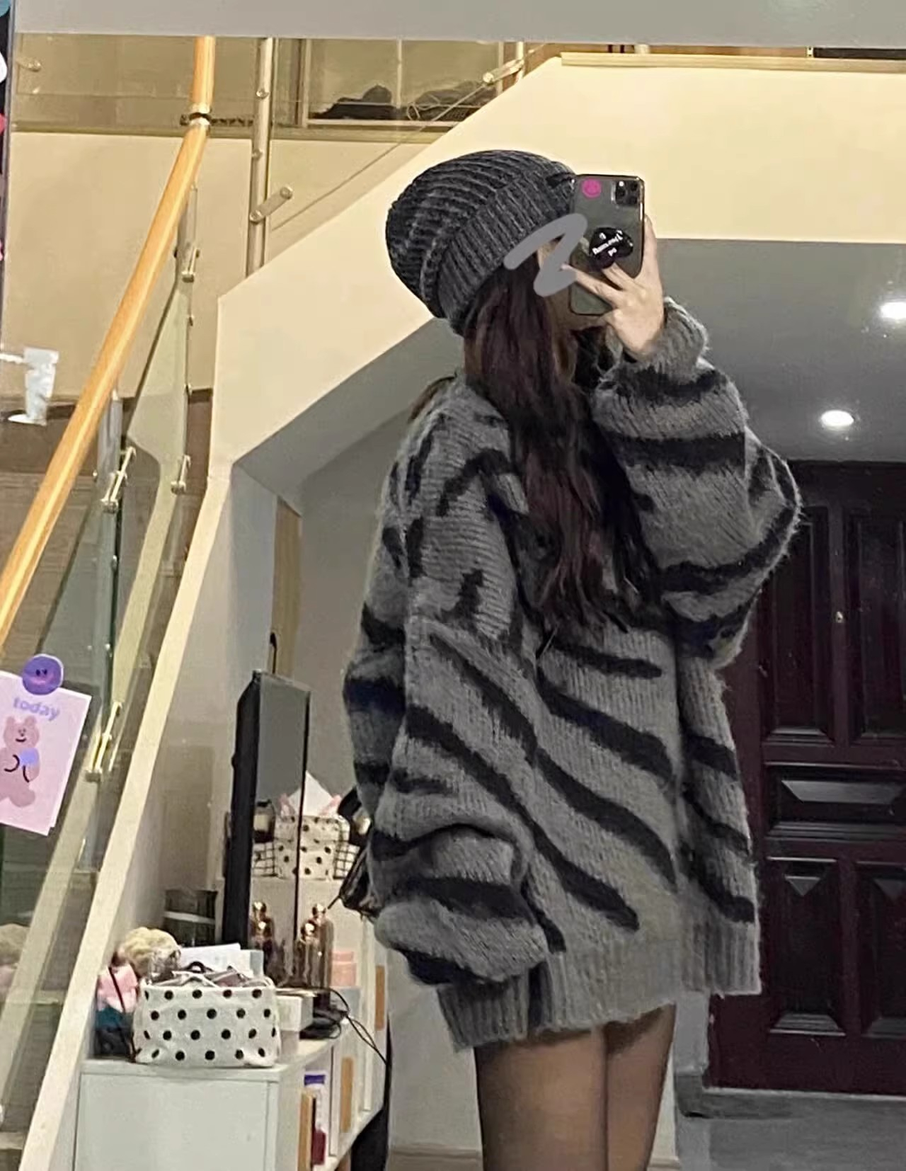 辣妹高級感毛衣女秋冬新款寬鬆條紋中長款針織衫炸街暗黑系遮