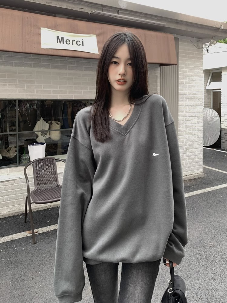 V領無帽衛衣女秋季2023新款美式復古慵懶風寬鬆中長款長袖上衣潮