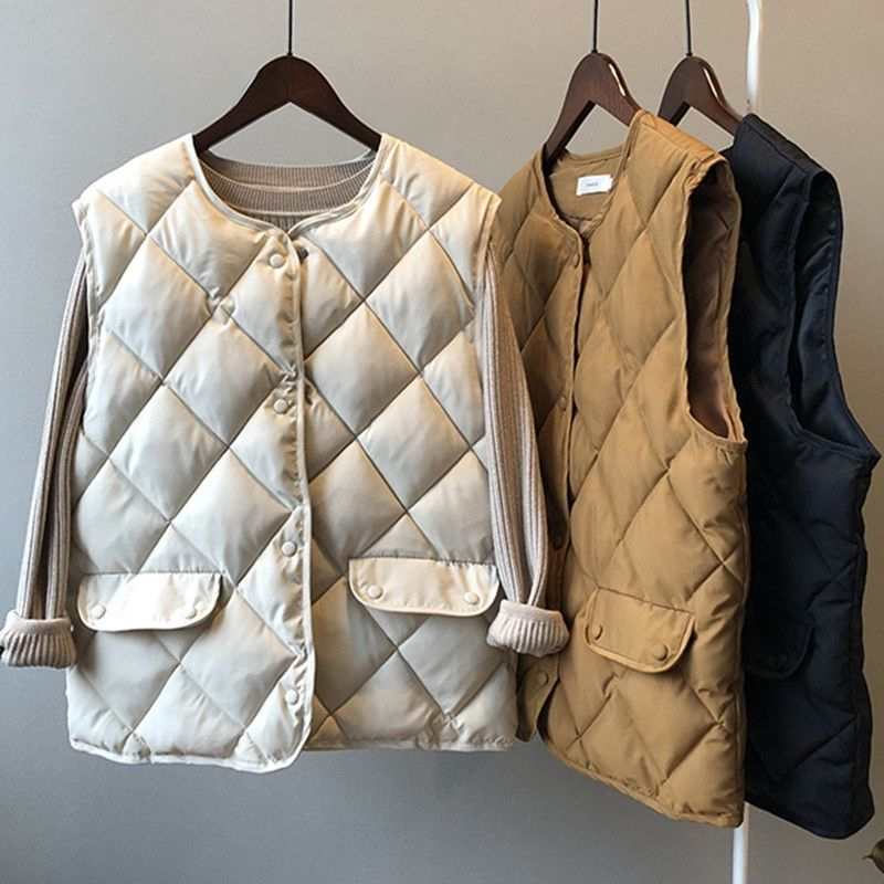 秋冬棉棉馬甲女短款棉背心菱形格棉服外套外穿韓版百搭馬夾坎肩