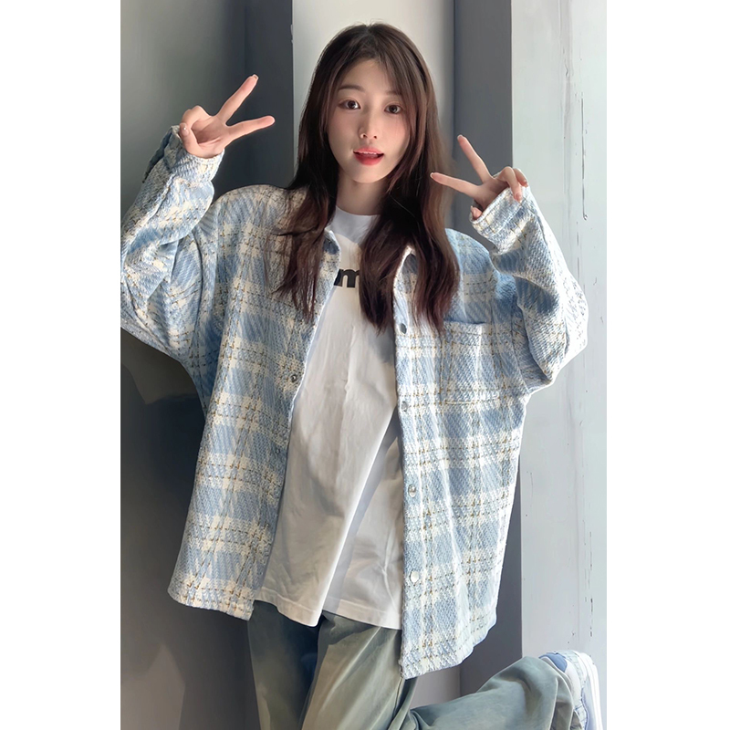 TIDE STUDIOS 韓系翻領長袖夾克外套女秋季寬鬆百搭藍色格子上衣