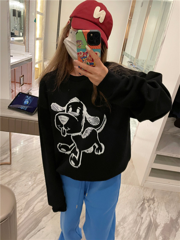 佐伊 韓國代購冬季加絨可愛小狗子印花簡約黑色圓領百搭顯瘦衛衣