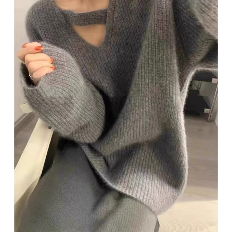 灰色v領鏤空套頭針織毛衣女秋冬冬季加厚設計感小眾高級感慵懶風