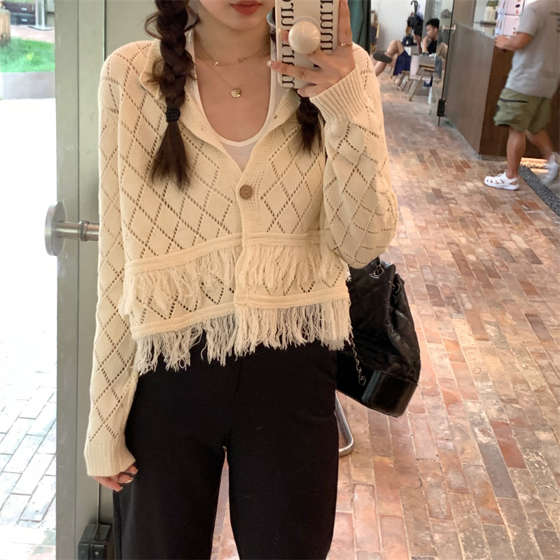 2023新款韓版鏤空層次感流蘇針織開衫女設計感薄款外套短款上衣潮