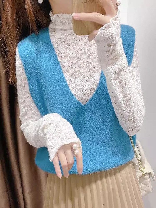 高領蕾絲打底衫女秋冬洋氣毛衣內搭紗衣木耳氣質高級小衫網紗上衣