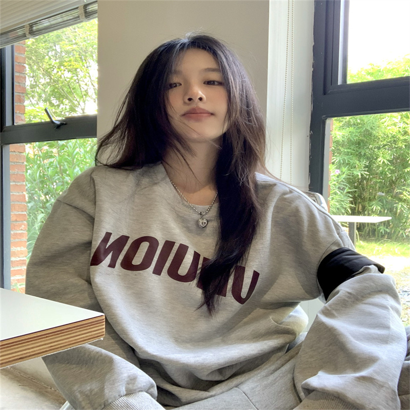 魚鱗+加絨加厚 字母印花衛衣女新款美式復古休閒寬鬆灰色長袖上衣